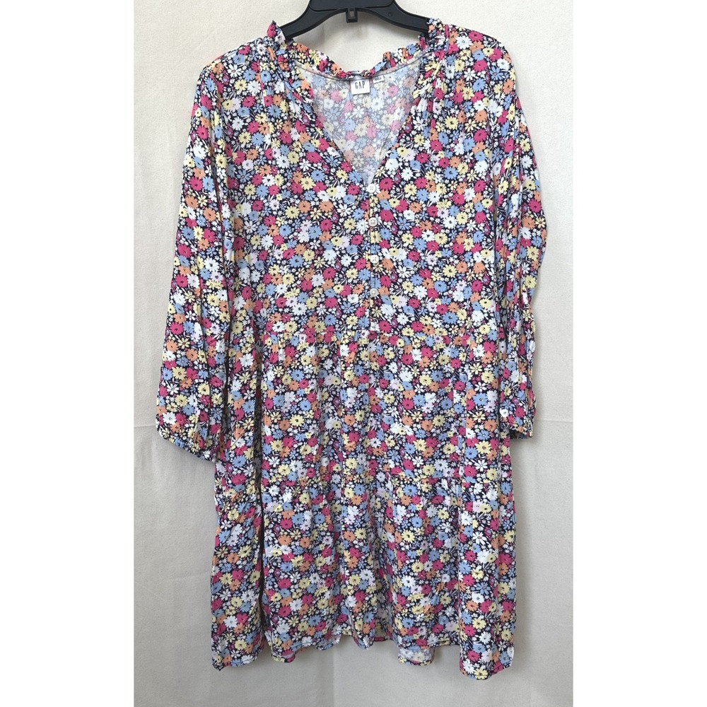GAP Multi Feminine Floral Summer Garden Party Ruffle Tier Mini Dress Sz. L Rayon